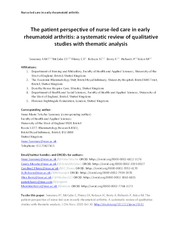 The patient perspective of nurse-led care in early rheumatoid arthritis: A systematic review of qualitative studies with thematic analysis Thumbnail