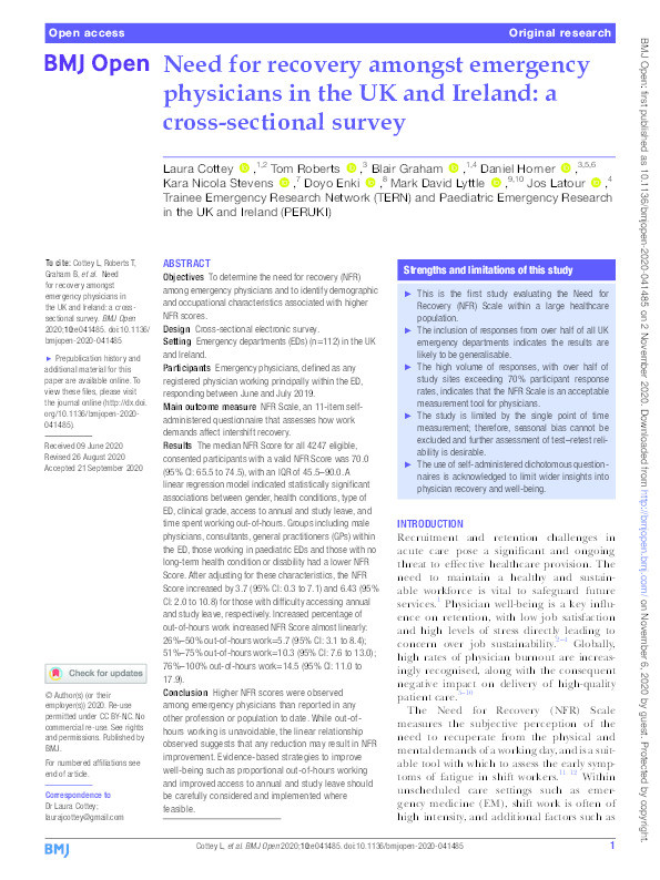 Need for recovery amongst emergency physicians in the UK and Ireland: A cross-sectional survey Thumbnail