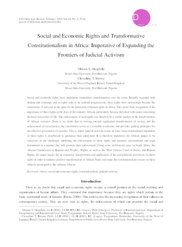 Social and economic rights and transformative constitutionalism in Africa: Imperative of expanding the frontiers of judicial activism Thumbnail