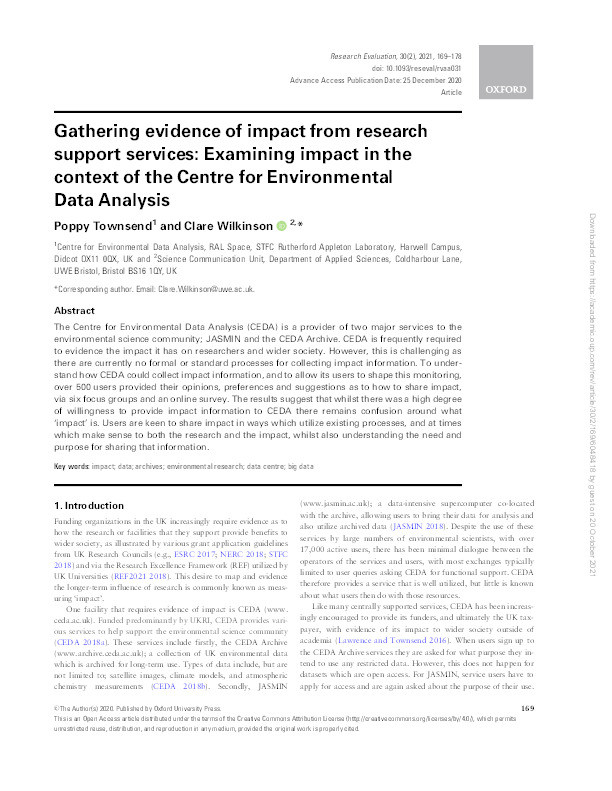 Gathering evidence of impact from research support services: Examining impact in the context of the Centre for Environmental Data Analysis Thumbnail