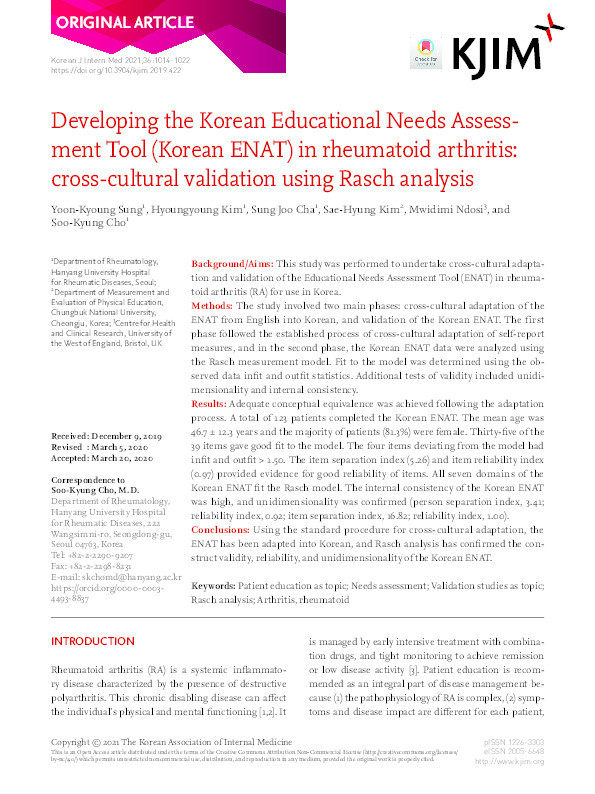 Developing the Korean Educational Needs Assessment Tool (Korean ENAT) in rheumatoid arthritis: Cross-cultural validation using Rasch analysis Thumbnail