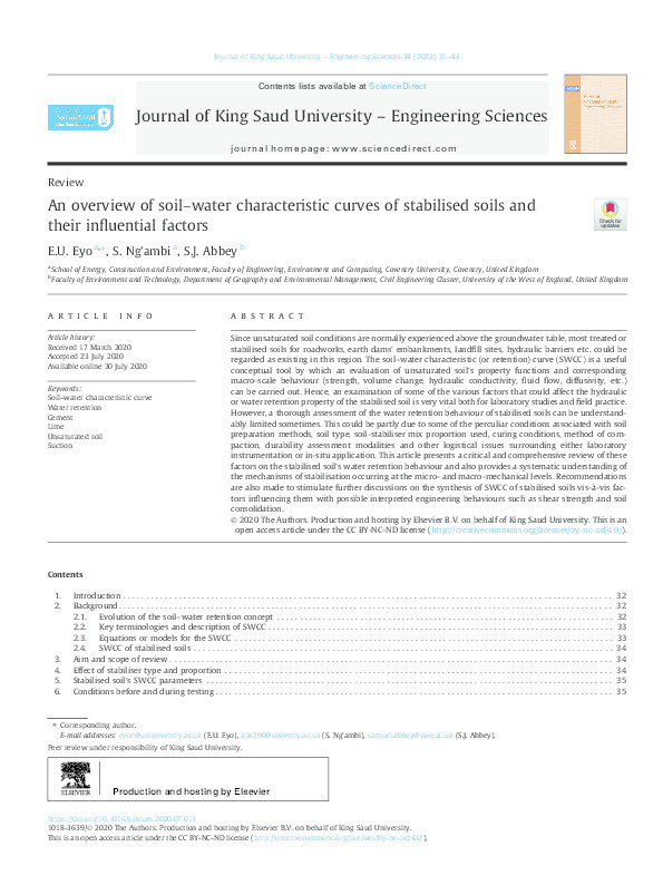 An overview of soil–water characteristic curves of stabilised soils and their influential factors Thumbnail