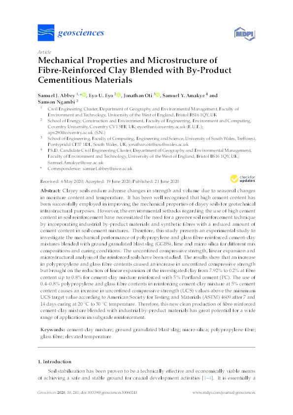 Mechanical properties and microstructure of fibre-reinforced clay blended with by-product cementitious materials Thumbnail