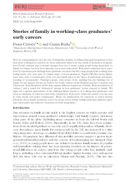 Stories of family in working‐class graduates’ early careers Thumbnail