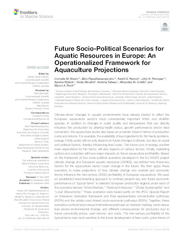 Future socio-political scenarios for aquatic resources in Europe: An operationalized framework for aquaculture projections Thumbnail