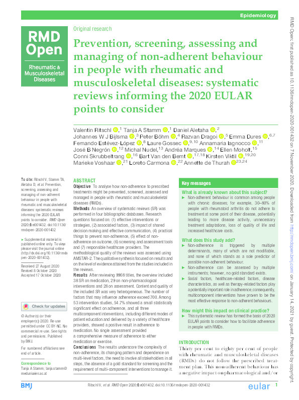Prevention, screening, assessing and managing of non-adherent behaviour in people with rheumatic and musculoskeletal diseases: Systematic reviews informing the 2020 EULAR points to consider Thumbnail