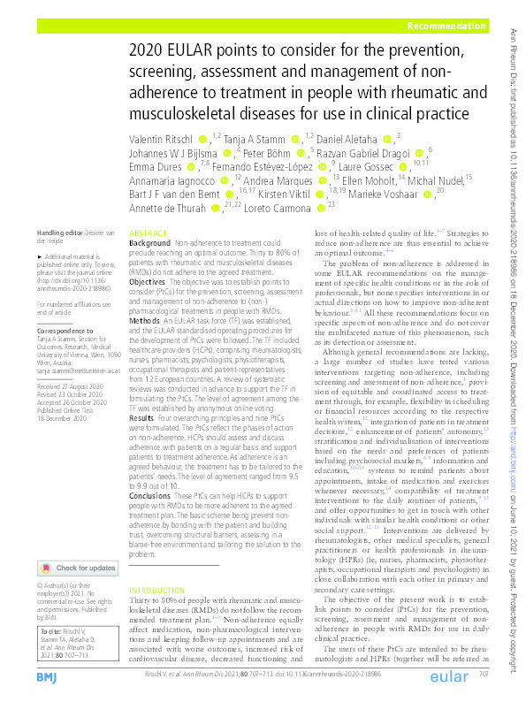 2020 EULAR points to consider for the prevention, screening, assessment and management of non-adherence to treatment in people with rheumatic and musculoskeletal diseases for use in clinical practice Thumbnail