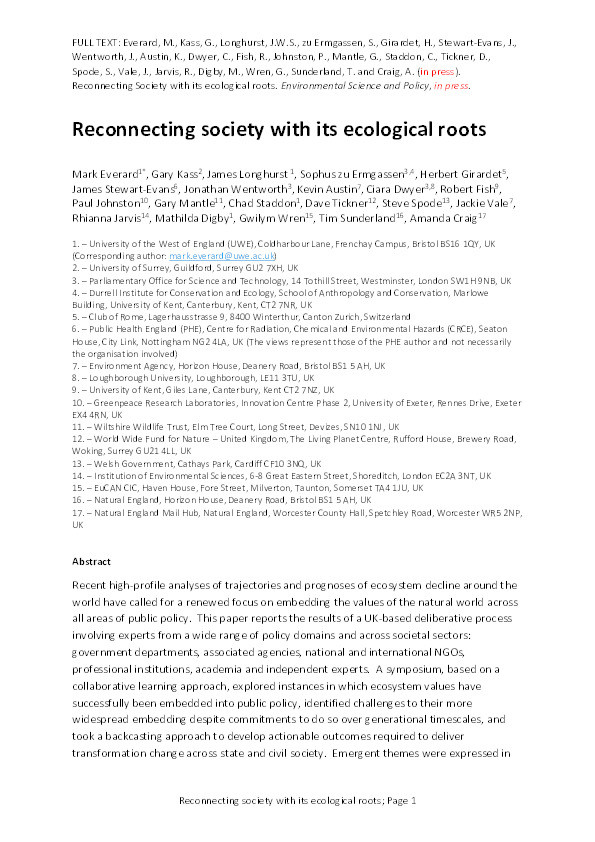 Reconnecting society with its ecological roots Thumbnail