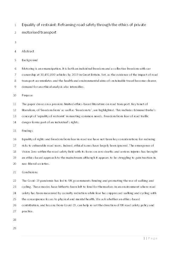 Equality of restraint: Reframing road safety through the ethics of private motorised transport Thumbnail