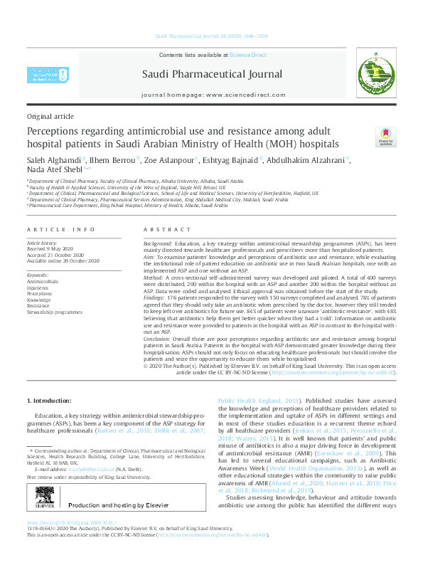 Perceptions regarding antimicrobial use and resistance among adult hospital patients in Saudi Arabian Ministry of Health (MOH) Hospitals Thumbnail