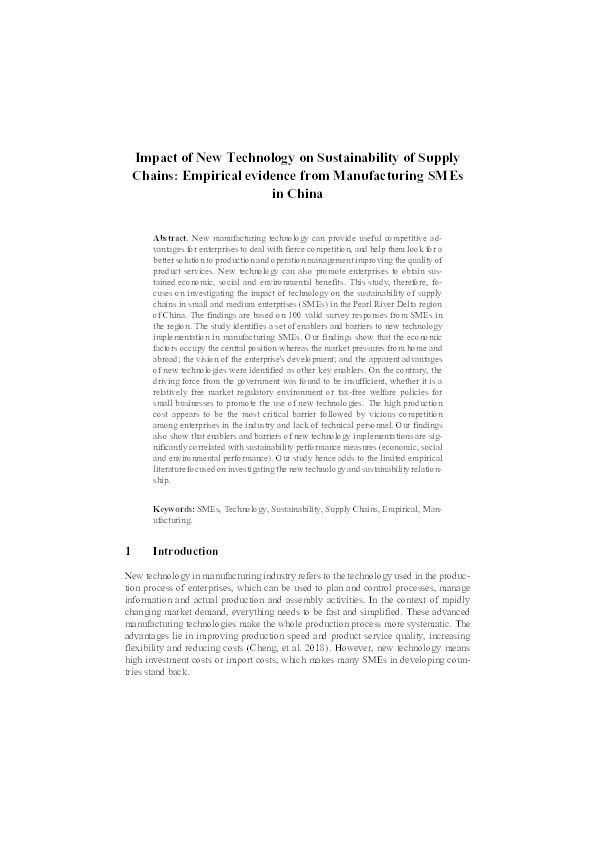 Impact of new technology on sustainability of supply chains: Empirical evidence from manufacturing SMEs in China Thumbnail