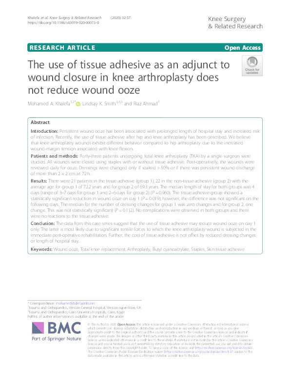 The use of tissue adhesive as an adjunct to wound closure in knee arthroplasty does not reduce wound ooze Thumbnail