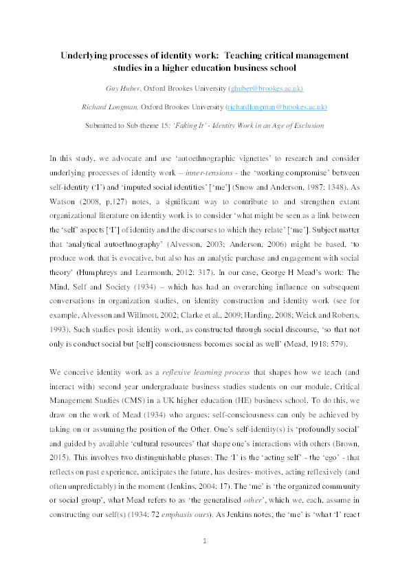 Underlying processes of identity work: Teaching critical management studies in a higher education business school Thumbnail