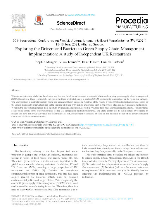 Exploring the drivers and barriers to green supply chain management implementation: A study of independent UK restaurants Thumbnail