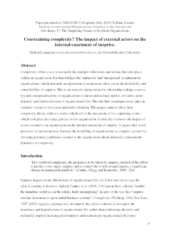 Constraining complexity? The impact of external actors on the internal enactment of surprise Thumbnail