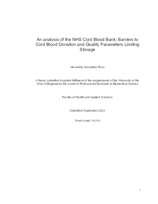 An analysis of the NHS Cord Blood Bank; Barriers to cord blood donation and quality parameters limiting storage Thumbnail