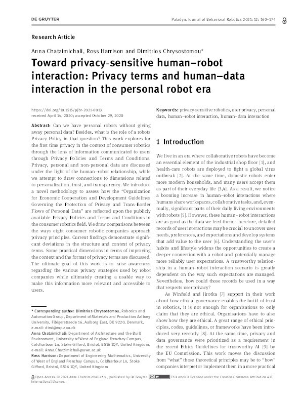 Toward privacy-sensitive human-robot interaction: Privacy terms and human-data interaction in the personal robot era Thumbnail