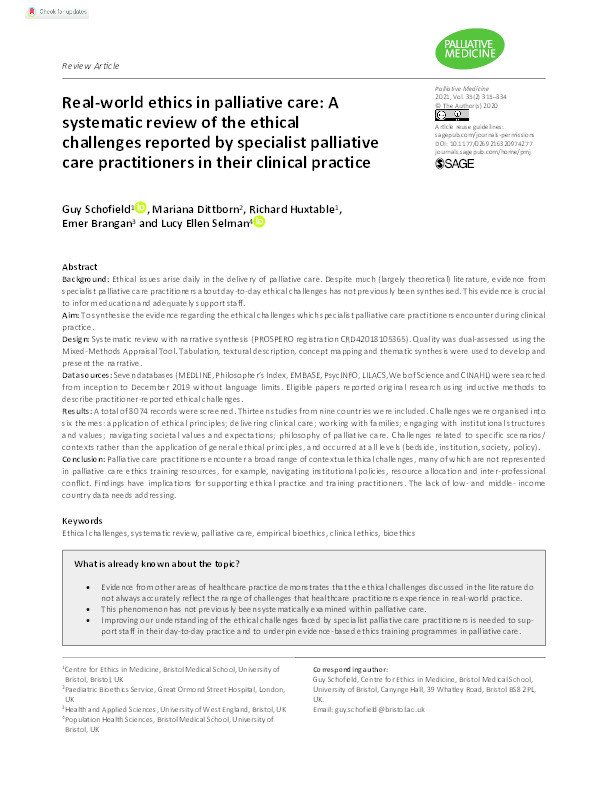 Real-world ethics in palliative care: A systematic review of the ethical challenges reported by specialist palliative care practitioners in their clinical practice Thumbnail