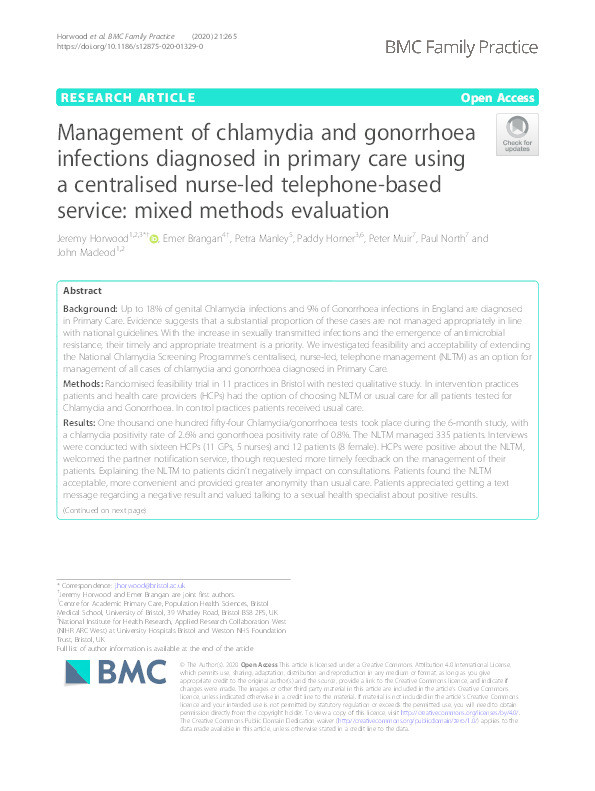 Management of chlamydia and gonorrhoea infections diagnosed in primary care using a centralised nurse-led telephone-based service: mixed methods evaluation Thumbnail