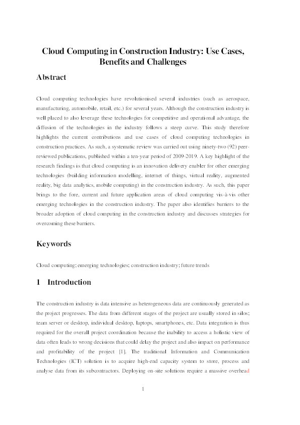Cloud computing in construction industry: Use cases, benefits and challenges Thumbnail