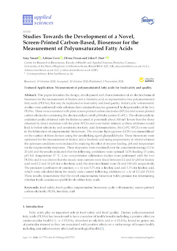 Studies towards the development of a novel, screen-printed carbon-based, biosensor for the measurement of polyunsaturated fatty acids Thumbnail