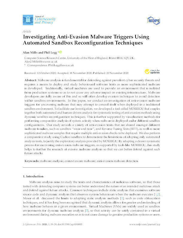 Investigating anti-evasion malware triggers using automated sandbox reconfiguration techniques Thumbnail