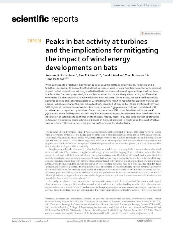 Peaks in bat activity at turbines and the implications for mitigating the impact of wind energy developments on bats Thumbnail