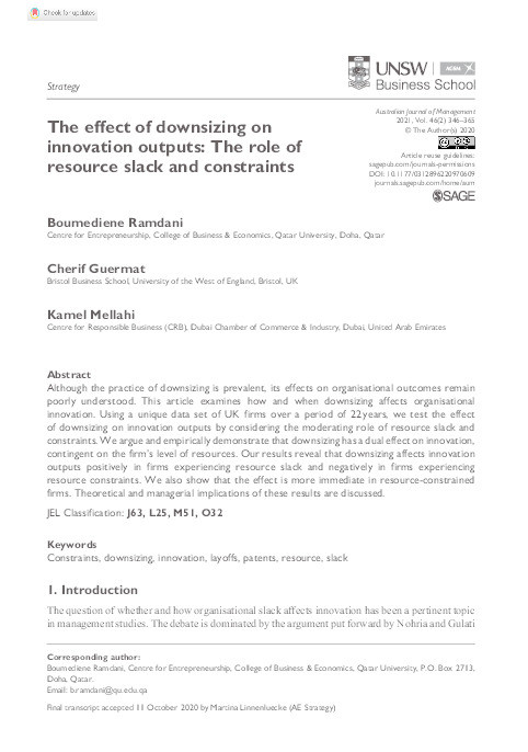 The effect of downsizing on innovation outputs: The role of resource slack and constraints Thumbnail