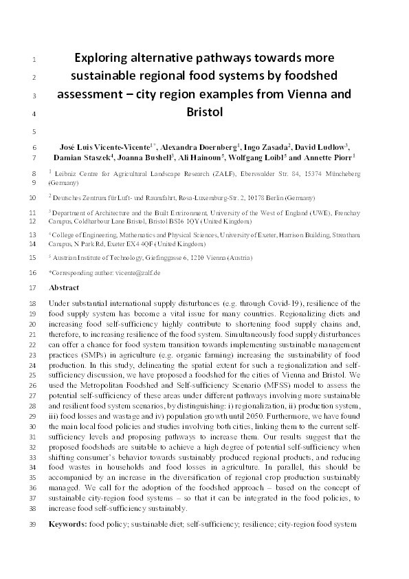 Exploring alternative pathways toward more sustainable regional food systems by foodshed assessment – City region examples from Vienna and Bristol Thumbnail