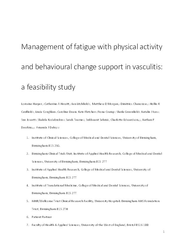 Management of fatigue with physical activity and behavioural change support in vasculitis: A feasibility study Thumbnail