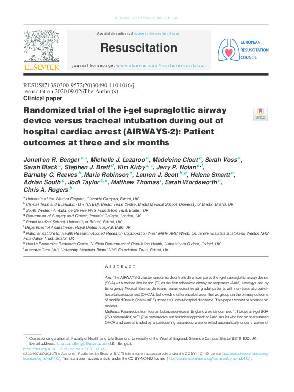 Randomized trial of the i-gel supraglottic airway device versus tracheal intubation during out of hospital cardiac arrest (AIRWAYS-2): Patient outcomes at three and six months Thumbnail