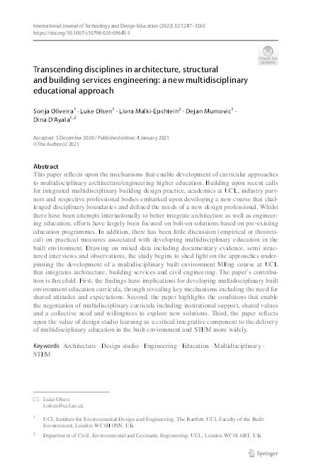 Transcending disciplines in architecture, structural and building services engineering: A new multidisciplinary educational approach Thumbnail