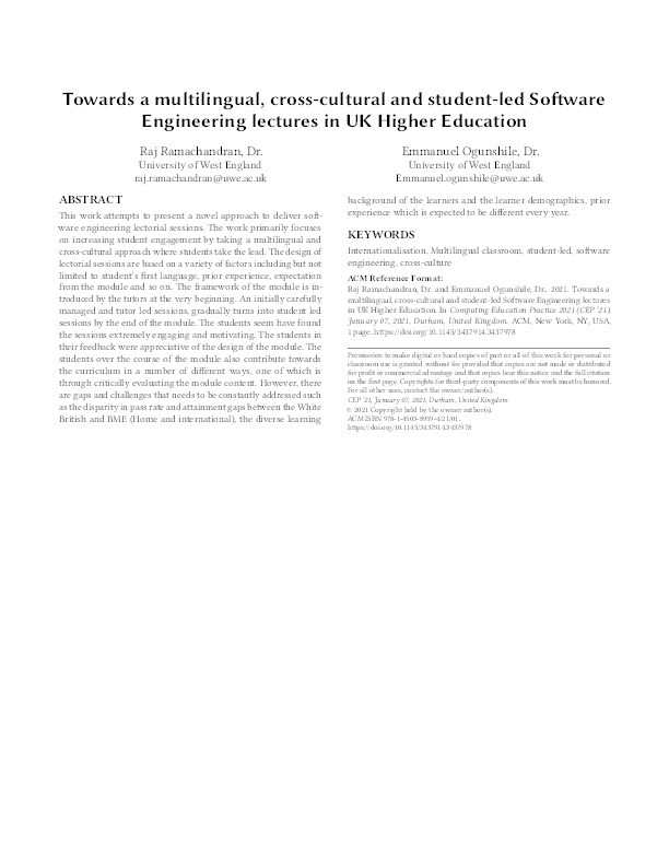 Towards a multilingual, cross-cultural and student-led software engineering lectures in UK Higher Education Thumbnail