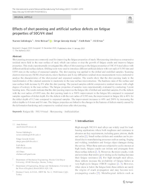 Effects of shot peening and artificial surface defects on fatigue properties of 50CrV4 steel Thumbnail