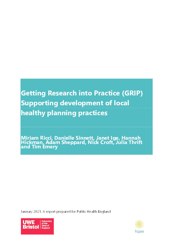 Getting Research into Practice (GRIP): Supporting development of local healthy planning practices Thumbnail