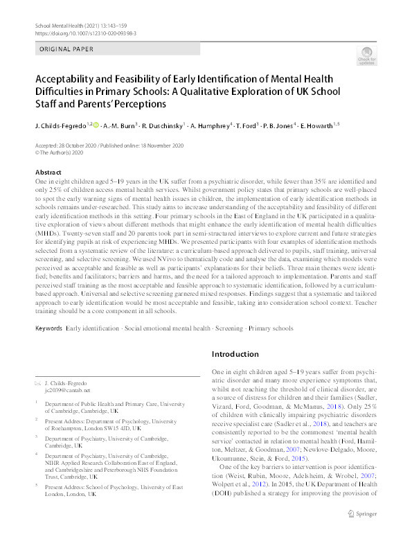 Acceptability and feasibility of early identification of mental health difficulties in primary schools: A qualitative exploration of UK school staff and parents’ perceptions Thumbnail