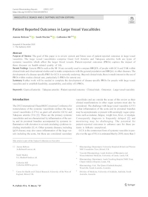 Patient reported outcomes in large vessel vasculitides Thumbnail