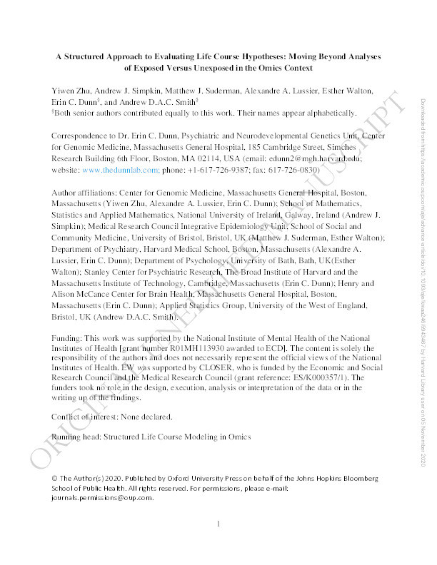 A structured approach to evaluating life course hypotheses: Moving beyond analyses of exposed versus unexposed in the omics context Thumbnail