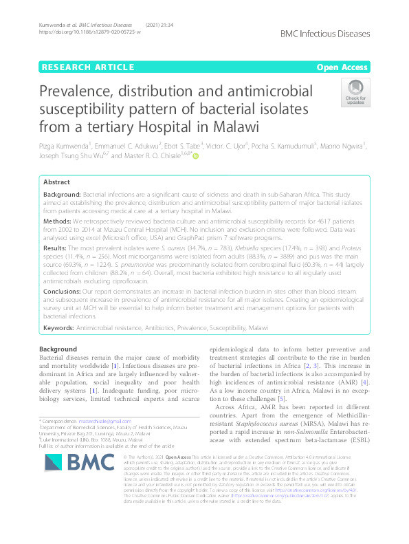 Prevalence, distribution and antimicrobial susceptibility pattern of bacterial isolates from a tertiary Hospital in Malawi Thumbnail