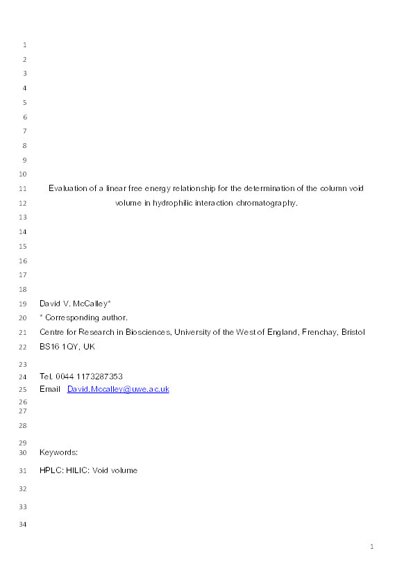 Evaluation of a linear free energy relationship for the determination of the column void volume in hydrophilic interaction chromatography Thumbnail