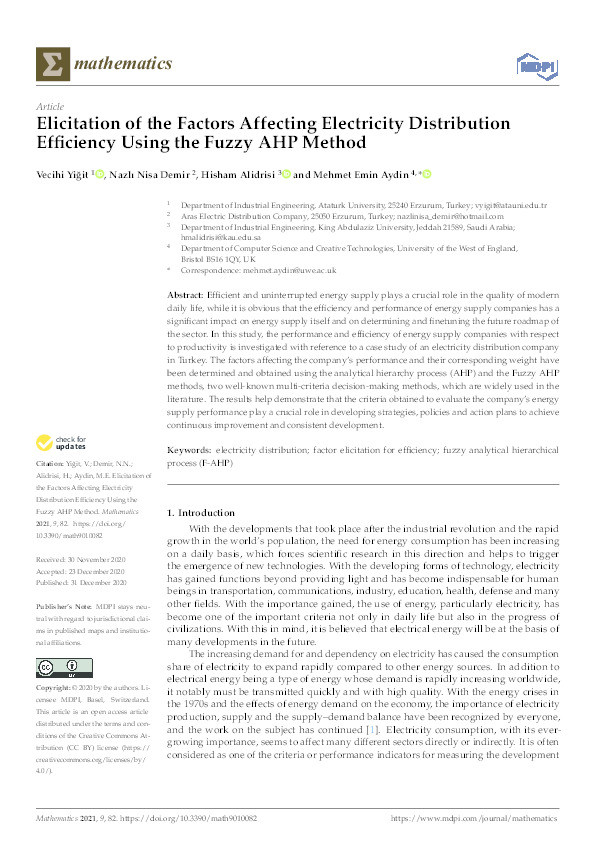 Elicitation of the factors affecting electricity distribution efficiency using the fuzzy AHP method Thumbnail