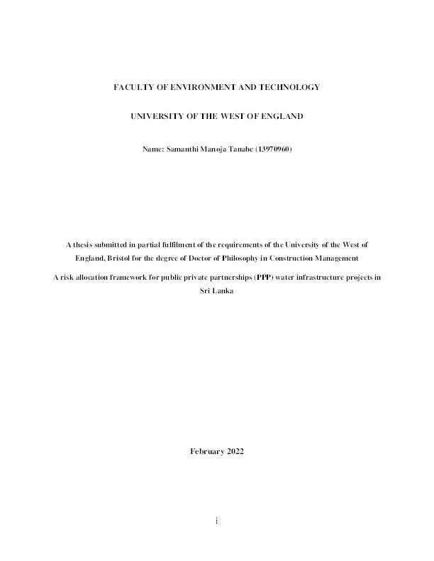 A risk allocation framework for public private partnerships (PPP) water infrastructure projects in Sri Lanka Thumbnail