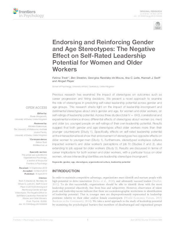 Endorsing and reinforcing gender and age stereotypes: The negative effect on self-rated leadership potential for women and older workers Thumbnail