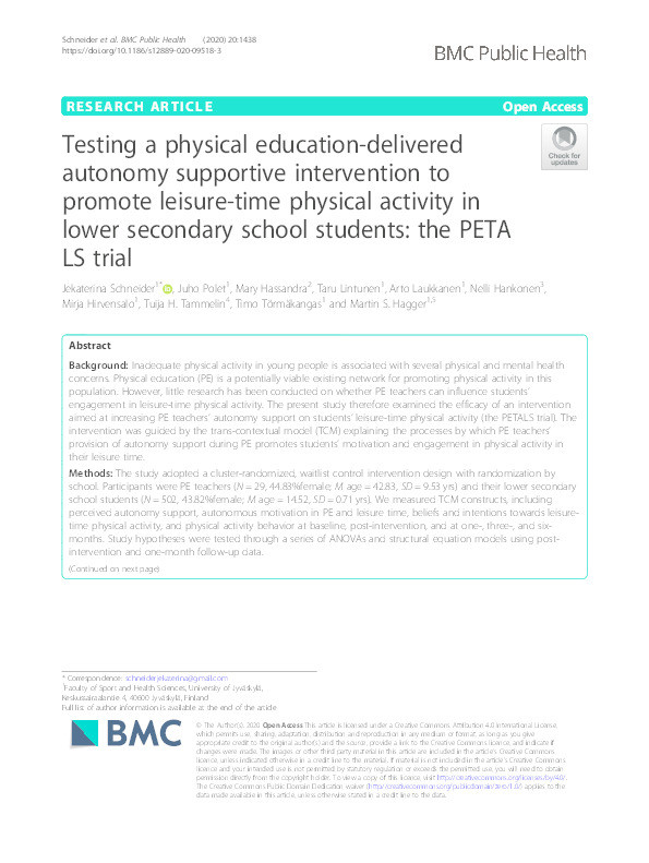 Testing a physical education-delivered autonomy supportive intervention to promote leisure-time physical activity in lower secondary school students: The PETALS trial Thumbnail