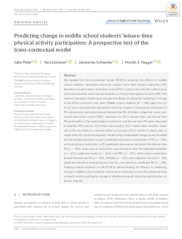 Predicting change in middle school students’ leisure‐time physical activity participation: A prospective test of the trans‐contextual model Thumbnail
