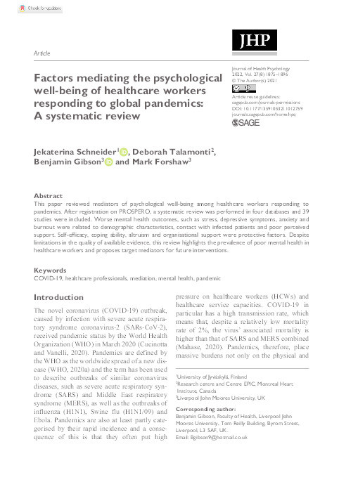 Factors mediating the psychological well-being of healthcare workers responding to global pandemics: A systematic review Thumbnail