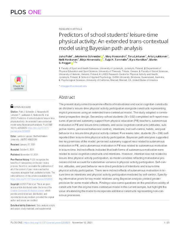 Predictors of school students’ leisure-time physical activity: An extended trans-contextual model using Bayesian path analysis Thumbnail