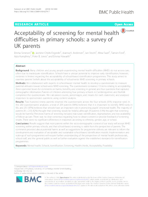 Acceptability of screening for mental health difficulties in primary schools: A survey of UK parents Thumbnail