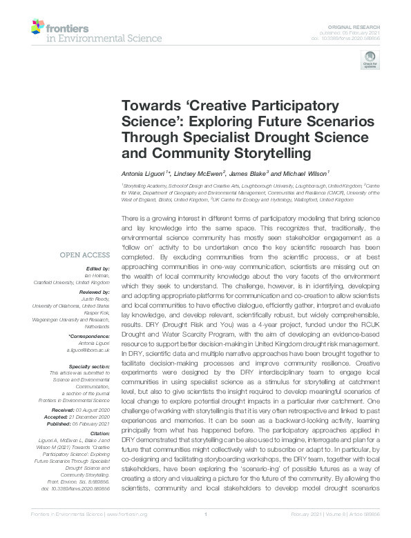 Towards ‘creative participatory science’: Exploring future scenarios through specialist drought science and community storytelling Thumbnail