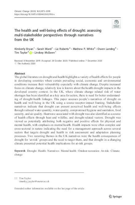 The health and well-being effects of drought: Assessing multi-stakeholder perspectives through narratives from the UK Thumbnail